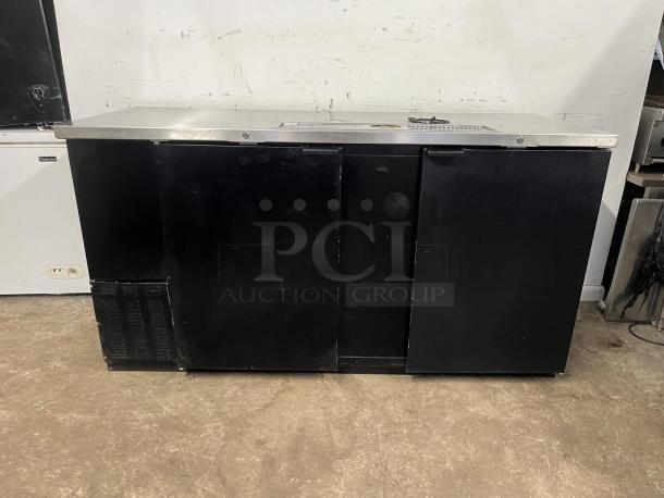 Micro Matic MDD68-E-LT 69" draft beer cooler, two-section, black exterior, glass rinser, used, for bars and restaurants.