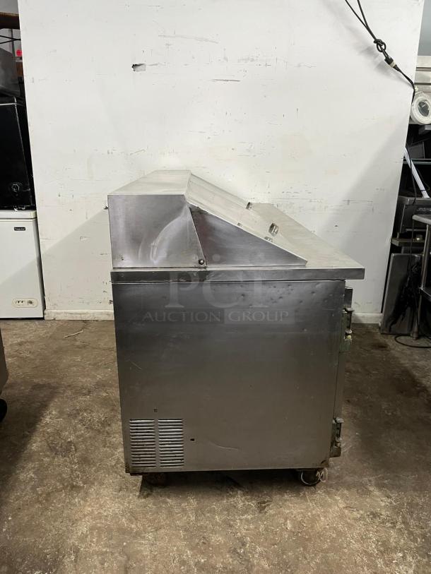 Leader NSFM72 72" 3 Door Mega Top Bain Marie refrigerated prep table, stainless steel, used condition, visible wear.