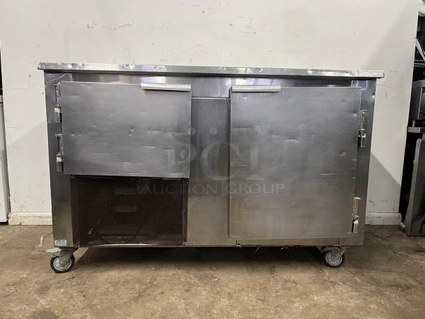 Leader LB60 60" Low Boy Worktop Refrigerator, stainless steel, dual doors, on wheels, visible wear, model LB60.