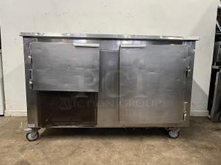 Leader LB60 60" Low Boy Worktop Refrigerator, stainless steel, dual doors, on wheels, visible wear, model LB60.