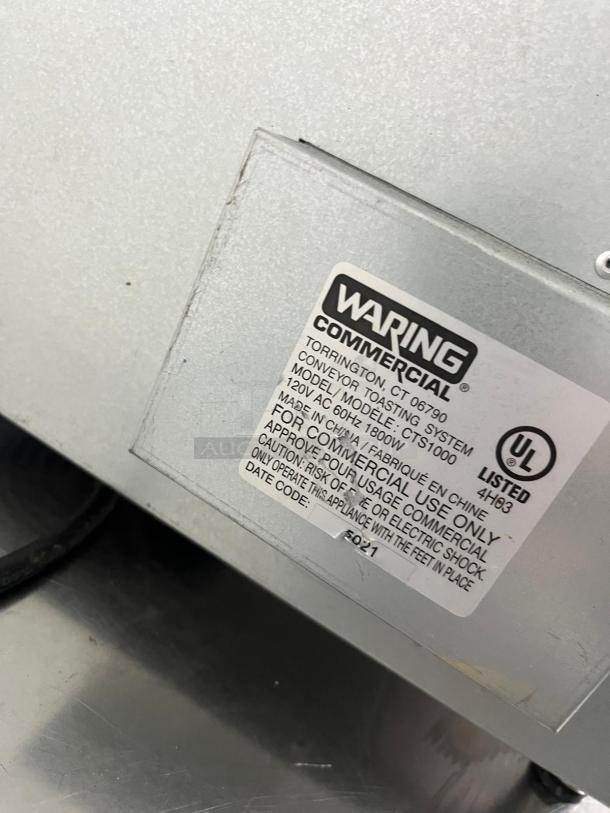 Waring CTS1000 Conveyor Toaster label, 450 slices/hr, 2" opening, 120v, UL listed, commercial use.