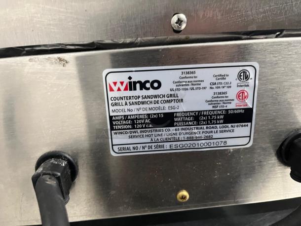 WINCO ESG-2 Double Sandwich Press, smooth cast iron plates, 120v, serial ESG2010001078, ETL certified label visible.