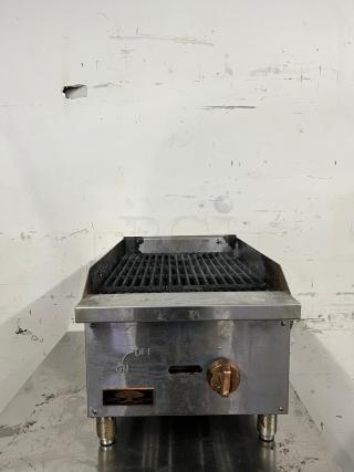 Star-Max 15in Radiant Gas Charbroiler, stainless steel, used condition, visible on/off knob, perfect for countertop use.