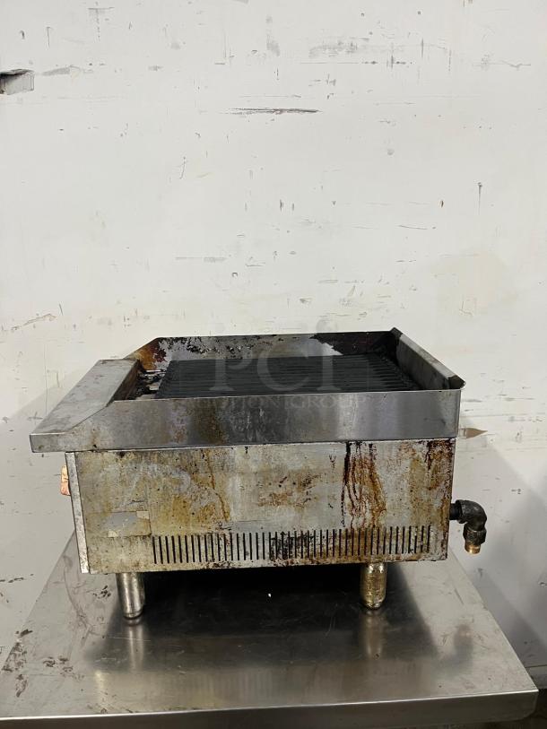 Star-Max Countertop 15in Radiant Gas Charbroiler, used condition, visible rust and wear, metal legs, side gas valve.
