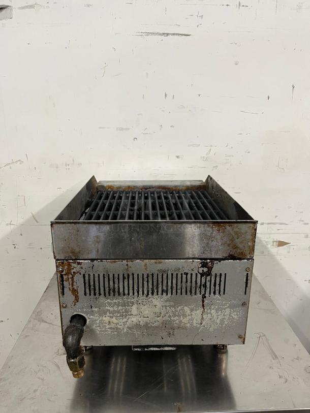 STAR-MAX Countertop 15in Radiant Gas Charbroiler, stainless steel, visible wear, suitable for commercial use.