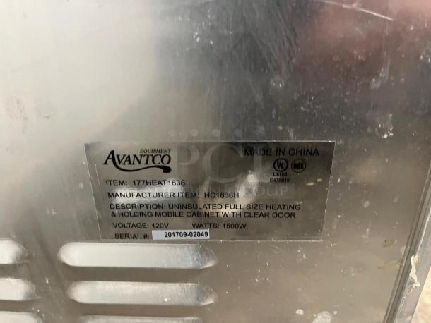 Avantco HEAT-1836 heated holding cabinet, full size, clear door, 120V, 1500W, model info plate shown, made in China.