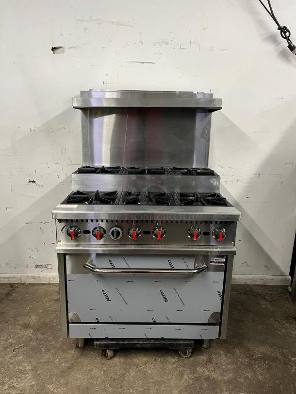 Brand new 2024 Evernew RC-ENR6B36TJ-NAT commercial gas range, 2-tier, 6 burners, oven, backsplash, overshelf, 210,000 BTU.