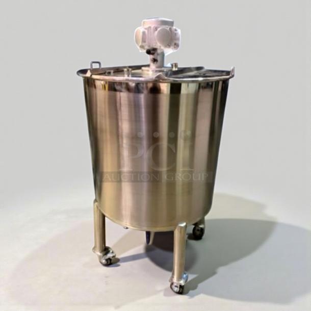 Industrial stainless steel mixing tank with top agitator, premium condition, on wheels. Model MIX-L-TANK-0428, fully operational.