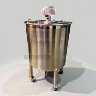 Industrial stainless steel mixing tank with top agitator, premium condition, on wheels. Model MIX-L-TANK-0428, fully operational.
