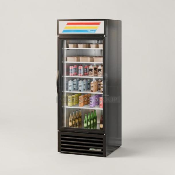 True GDM-26-HC-TSL01 merchandiser refrigerator, premium condition, glass door, 115V, UL listed, fully tested operational.