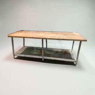 Commercial butcher block prep table, 96-inch, heavy-duty wood top, excellent condition. Model: PREP-M-TBL-0551.