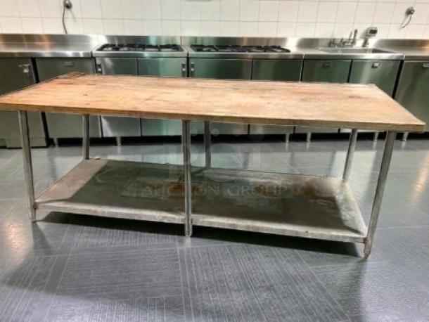 Commercial butcher block prep table with heavy-duty wood top, 96 inches, excellent condition, fully operational, model PREP-M-TBL-0551.
