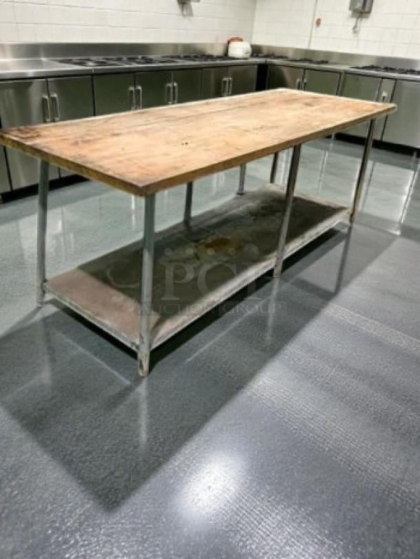 Commercial butcher block prep table with heavy-duty wood top, 96 in, excellent condition, fully tested, operational.