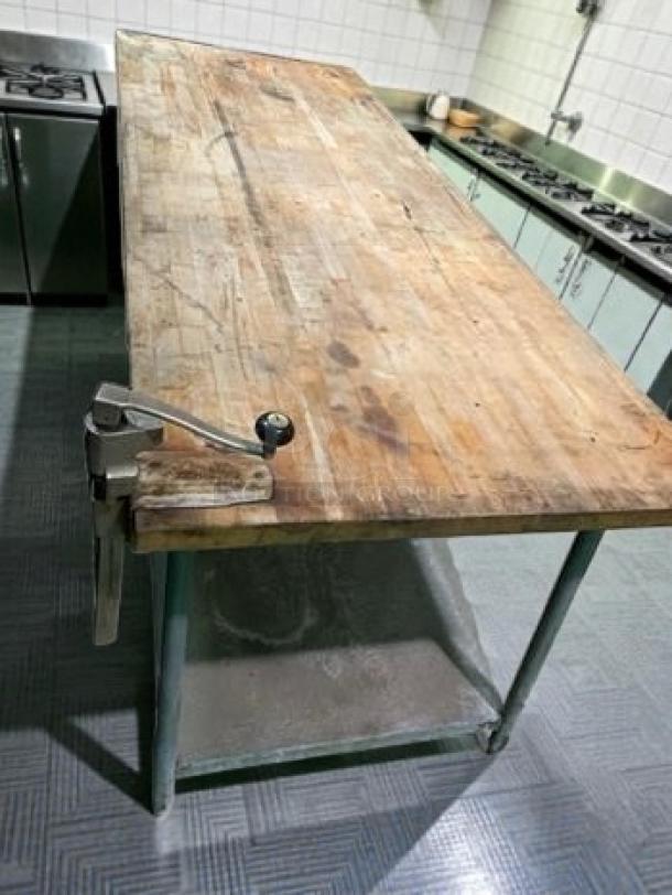 Commercial-grade butcher block prep table, 96-inch heavy-duty wood top, excellent condition, fully tested, operational.
