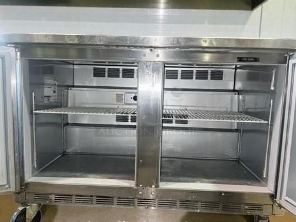 Beverage-Air WTR48A 48" commercial worktop refrigerator in outstanding condition, shown open with internal shelving. Fully tested, UL Listed.