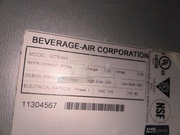 Beverage-Air WTR48A label showing model, refrigerant R134a, voltage 115V, UL and NSF certifications, serial number 11304567.