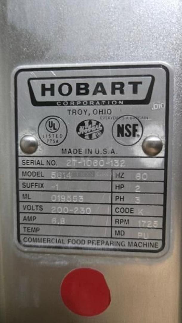 Hobart 5614 commercial meat saw label; 2 HP, 3 phase, NSF certified. Serial: 27-1060-132, model: 5614, UL listed.