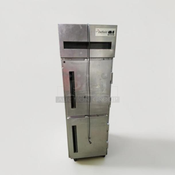 Delfield 2-section reach-in refrigerator in stainless steel, excellent condition, UL listed, 115V, fully tested, model DEL-L-REF-0556.