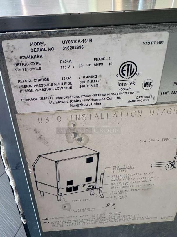 Manitowoc UY0310A-161B ice maker, excellent condition, 115V, UL listed, fully tested, detailed installation diagram shown.