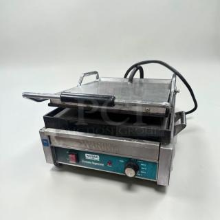 Waring Commercial WFG275 Panini Grill in premium condition, stainless steel, 120V, UL listed, fully tested, model WAR-S-GRILL-0565.
