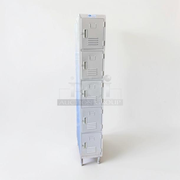 GSW Inc. 5-Tier Metal Locker Cabinet, heavy-duty steel, excellent condition, model GSW-M-LOCK-0568, inspected, operational.