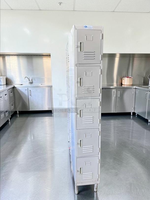 5-tier GSW Inc. metal locker cabinet, excellent condition, heavy-duty steel, commercial use, inspected and operational.