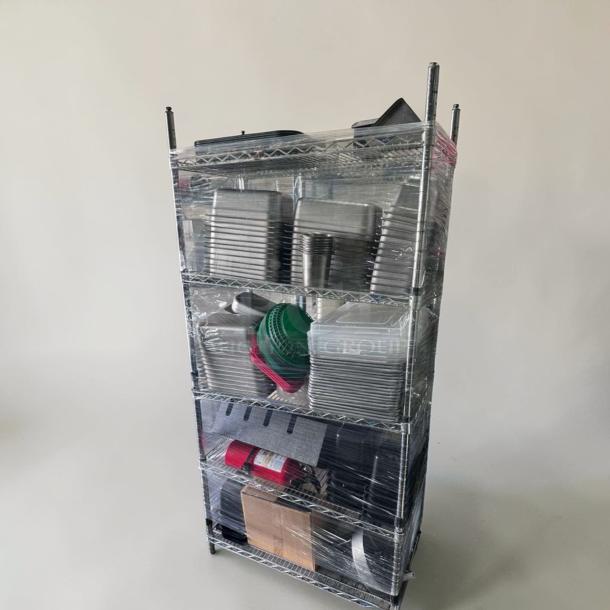 Premium condition NSF chrome wire shelving rack, 4-tier, 36x18 inches, with assorted food pans and accessories. Fully inspected.