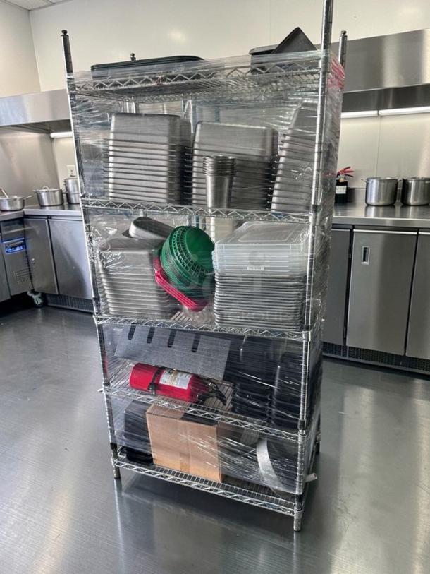 Premium NSF chrome wire shelving rack, 4-tier, 36x18 in, includes food pans and accessories, heavy-duty, fully inspected.