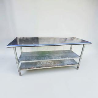Commercial stainless steel work table with double undershelf, excellent condition, heavy-duty prep table, inspected, SST-M-TBL-0573.