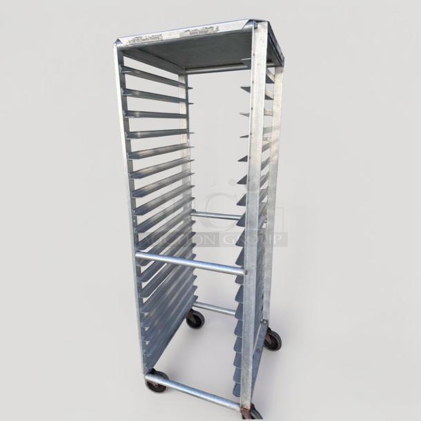 Commercial Grade aluminum full-size 20 pan sheet rack, premium condition, heavy-duty with casters, model ALU-M-RCK-0575.