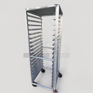 Commercial Grade aluminum full-size 20 pan sheet rack, premium condition, heavy-duty with casters, model ALU-M-RCK-0575.