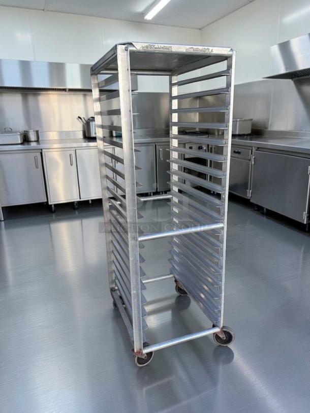 Commercial aluminum full-size sheet pan rack, 20-pan capacity, heavy-duty with casters, premium condition, model ALU-M-RCK-0575.