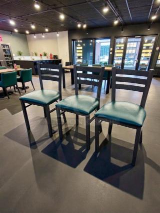 Commercial restaurant dining chairs, set of 3, with upholstered seats. Heavy-duty construction, exceptional condition. Model FUR-S-CHAIR-0579.