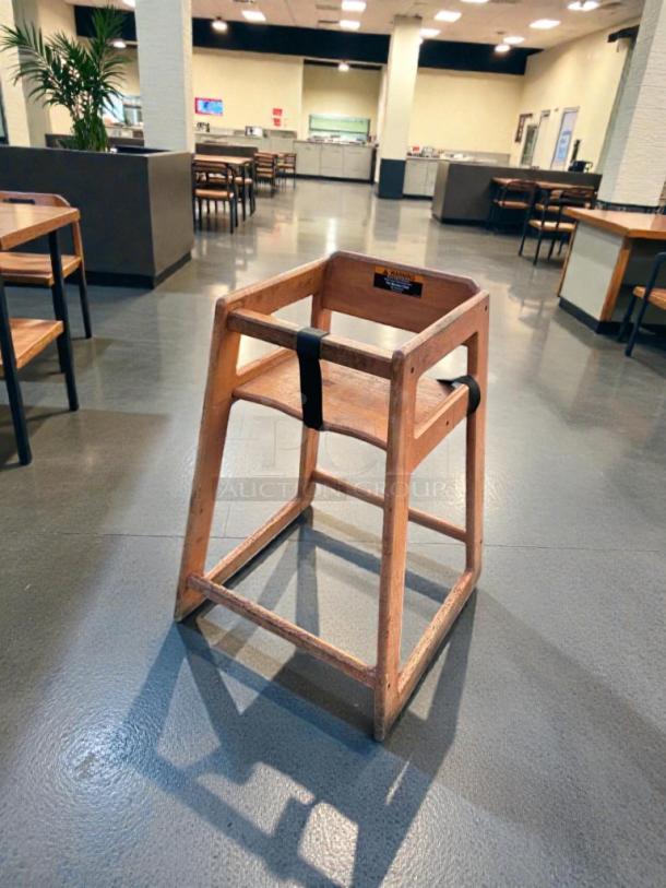 Commercial wooden restaurant high chair, prime condition, with safety belt, model FUR-S-HCHAIR-0580, fully inspected.