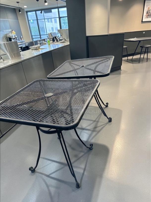 Commercial-grade 32” square mesh outdoor patio table, black metal, with umbrella hole, excellent condition.