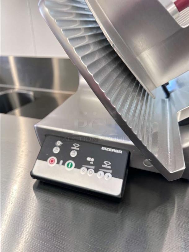 Bizerba N-22 commercial slicer in exceptional condition, control panel shown, 120V, fully tested, operational, metal finish.