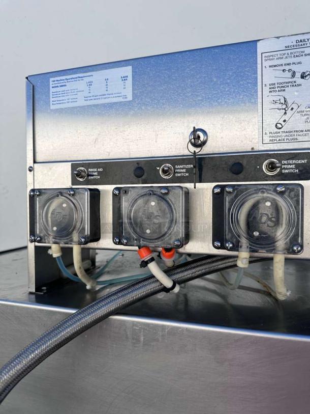 American Dish Service 5-AGS commercial glass washer, stainless steel, 120V, NSF listed, controls labeled for rinse aid, sanitizer, and detergent.