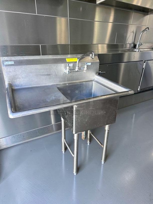 Commercial stainless steel 1-compartment prep sink with right drainboard, NSF certified, elite condition, fully inspected.
