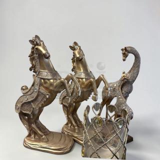 Decorative Gold Horse & Peacock Statue Set in outstanding condition by Decorative Accent Collection. Elegant, like-new display piece.