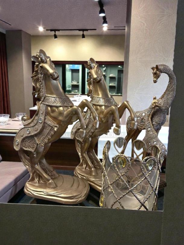 Decorative Accent Collection Gold Horse & Peacock Statue Set in outstanding condition; elegant home/office décor, like-new.