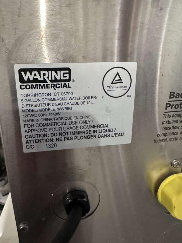 Waring Commercial WWB5G 5-Gallon Hot Water Boiler, 120V, stainless steel, fully tested, TÜV Rheinland certified label.