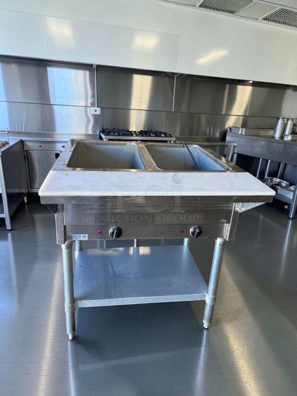 GSW ST-2WOE-12 electric steam table, 2-well food warmer in excellent condition. ETL listed, fully operational.