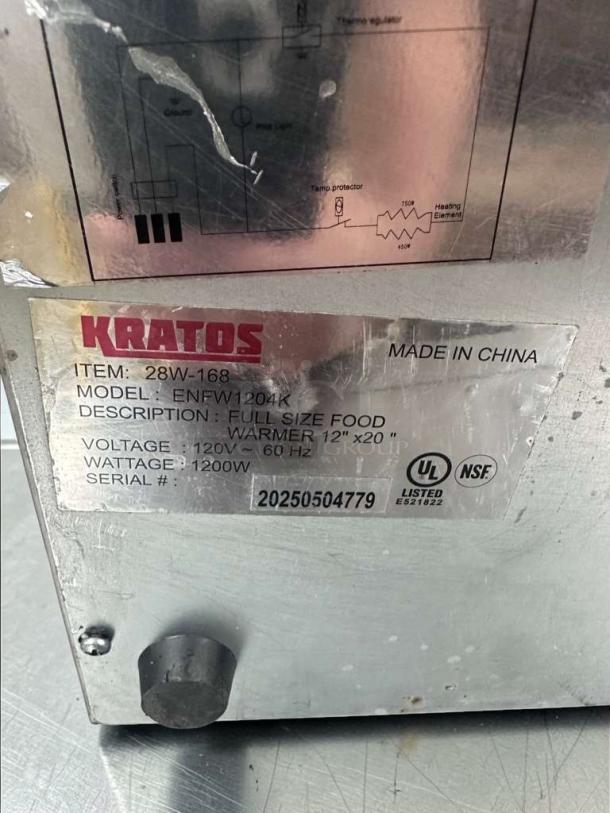 Kratos ENFW1204K food warmer, 12"x20", 120V, UL & NSF listed. Remarkable condition with operational labels visible.
