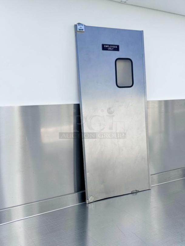 GSW aluminum swing door, 36x80, model DR-AD-H, with "Employees Only" label, heavy-duty, prime condition, for kitchen use.