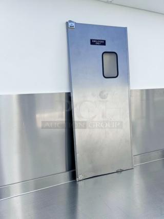 GSW aluminum swing door, 36x80, model DR-AD-H, with "Employees Only" label, heavy-duty, prime condition, for kitchen use.