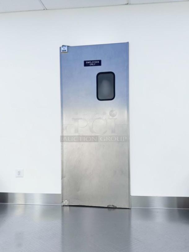 GSW Commercial Aluminum Swing Door, 36"x80", restaurant/kitchen pass-through, prime condition, "Employees Only" label.