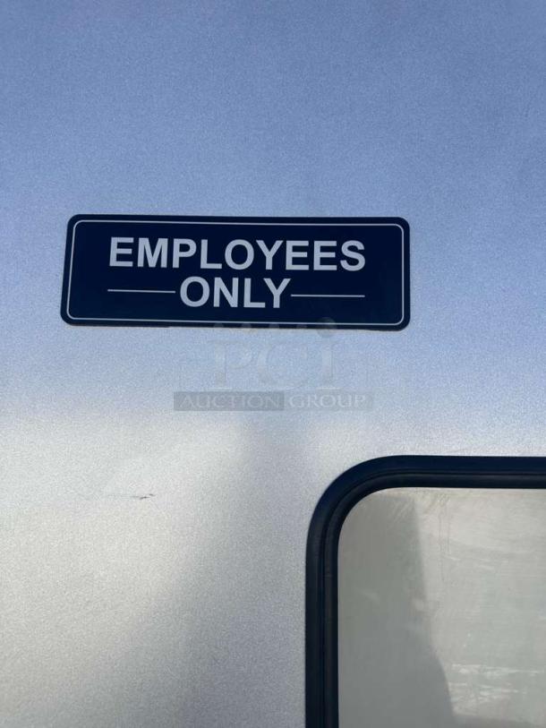 GSW commercial aluminum swing door, 36"x80", prime condition, "Employees Only" sign, model DR-AD-H, fully inspected.