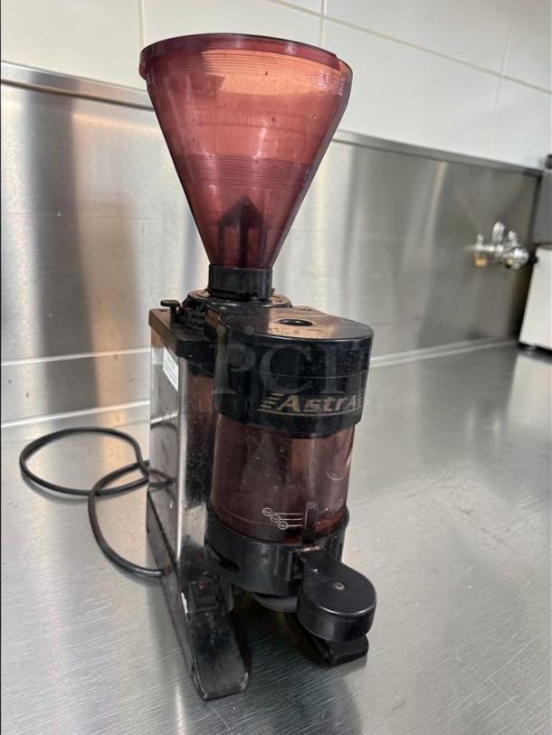 Astra Commercial Doser Grinder in top-tier condition on metal counter. Features heavy-duty build, fully tested, model AST-S-GRD-0608.