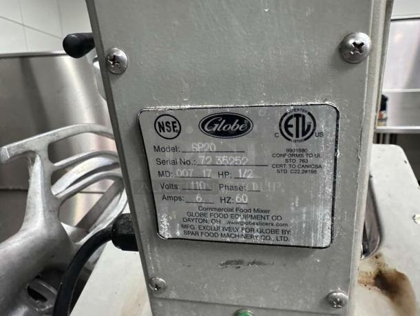 Flawless Globe SP20 Planetary Mixer, 20 Qt, 1/2 HP, 115V, NSF certified, fully tested with visible model and compliance labels.