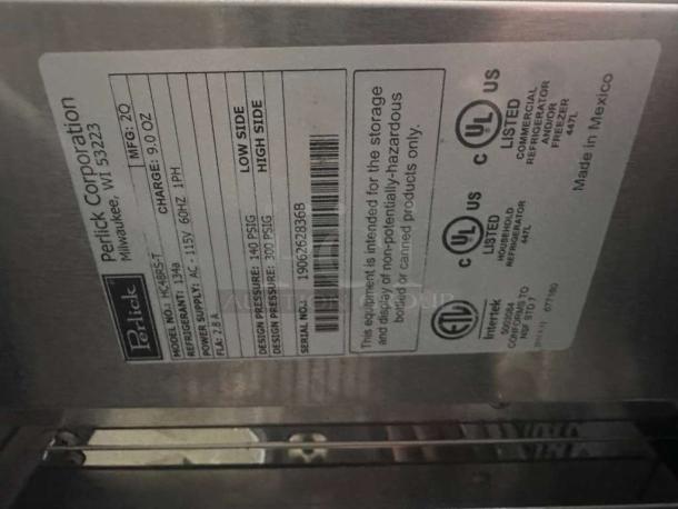 Perlick HC48RBST commercial back bar refrigerator label showing model, power requirements, refrigerant type, and UL certification.